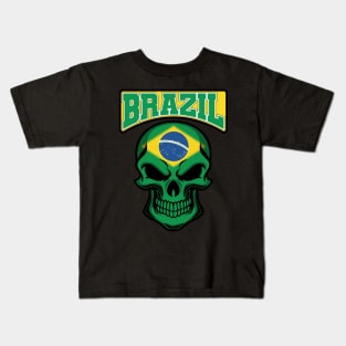 BRAZIL FLAG IN A SKULL EMBLEM Kids T-Shirt